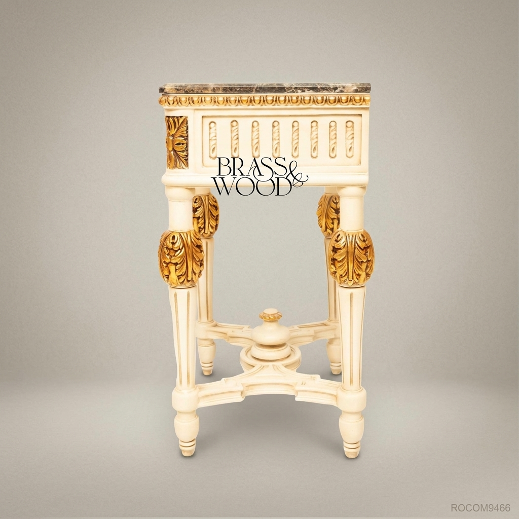 Louis XVI Neoclassical Ivory Nightstand with Emperador Marble Top & Gilded Acanthus Carvings