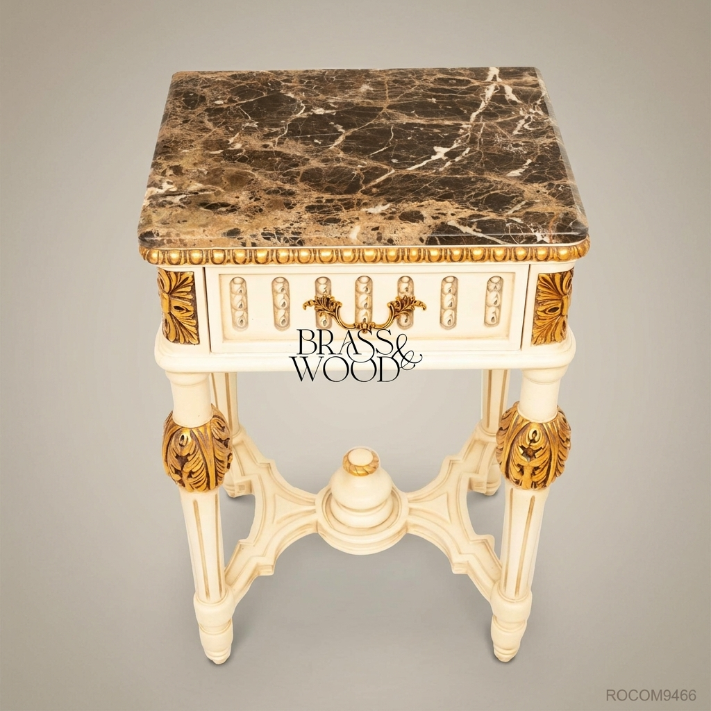 Louis XVI Neoclassical Ivory Nightstand with Emperador Marble Top & Gilded Acanthus Carvings