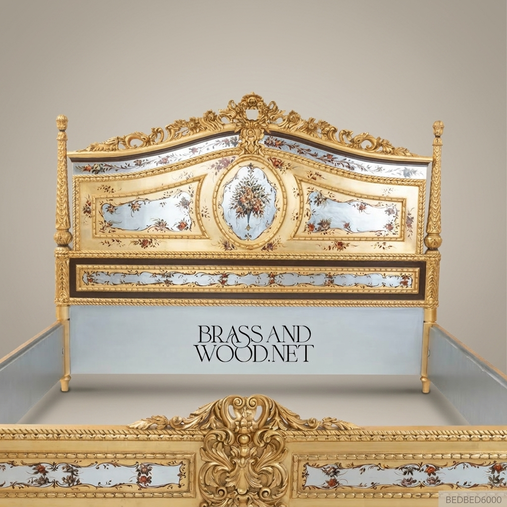 Louis XVI Neoclassical King Bed with Hand-Painted Floral Panels & Gold Leaf Carved Frame