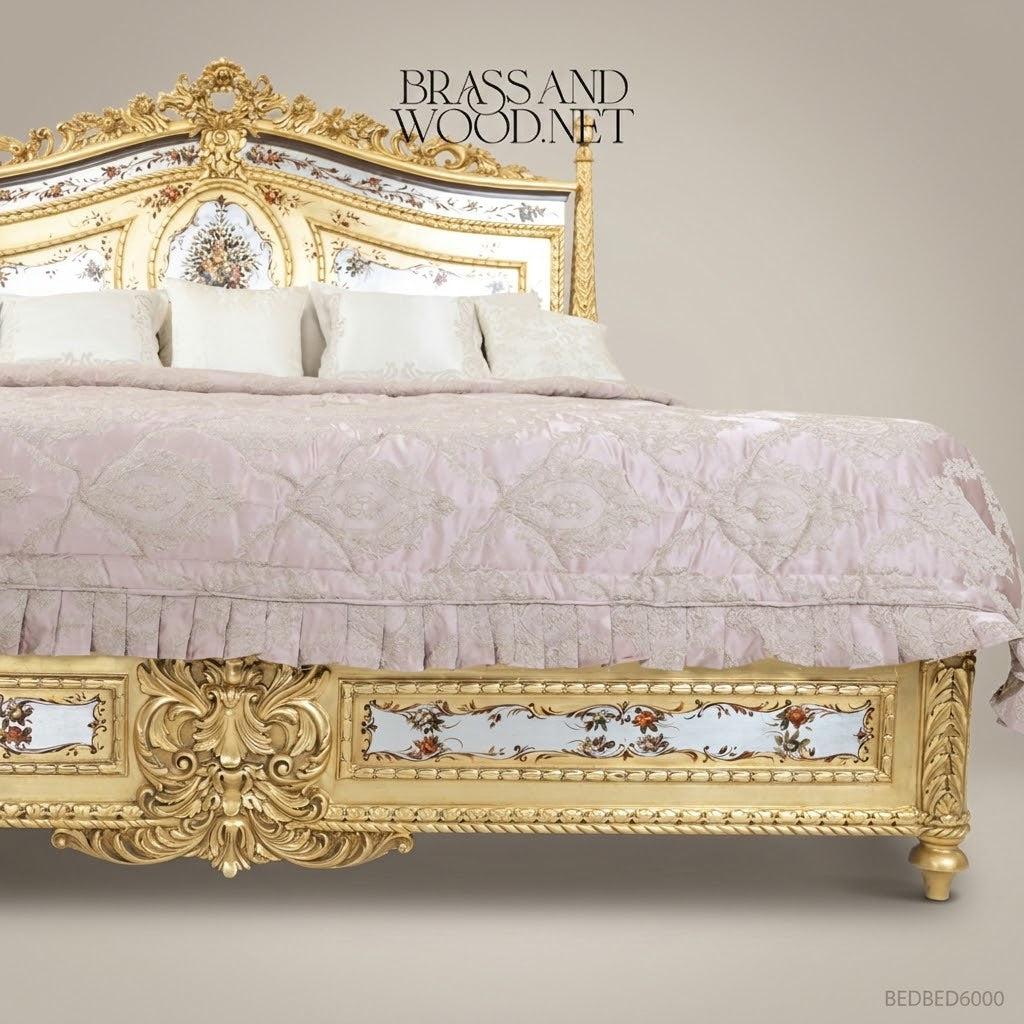 Louis XVI Neoclassical King Bed with Hand-Painted Floral Panels & Gold Leaf Carved Frame