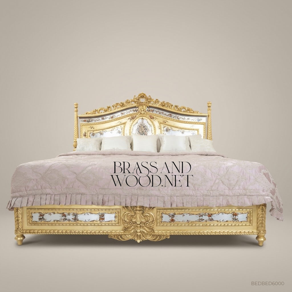 Louis XVI Neoclassical King Bed with Hand-Painted Floral Panels & Gold Leaf Carved Frame