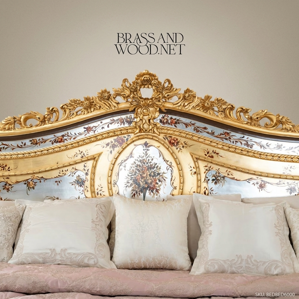 Louis XVI Neoclassical King Bed with Hand-Painted Floral Panels & Gold Leaf Carved Frame