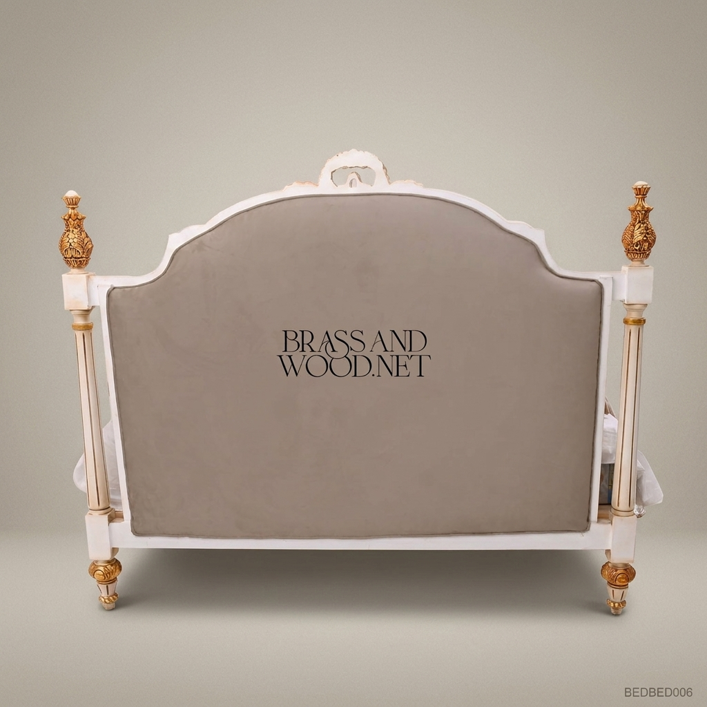 Louis XVI Neoclassical King Bed — Rose Garland Crest & Button-Tufted Velvet Headboard