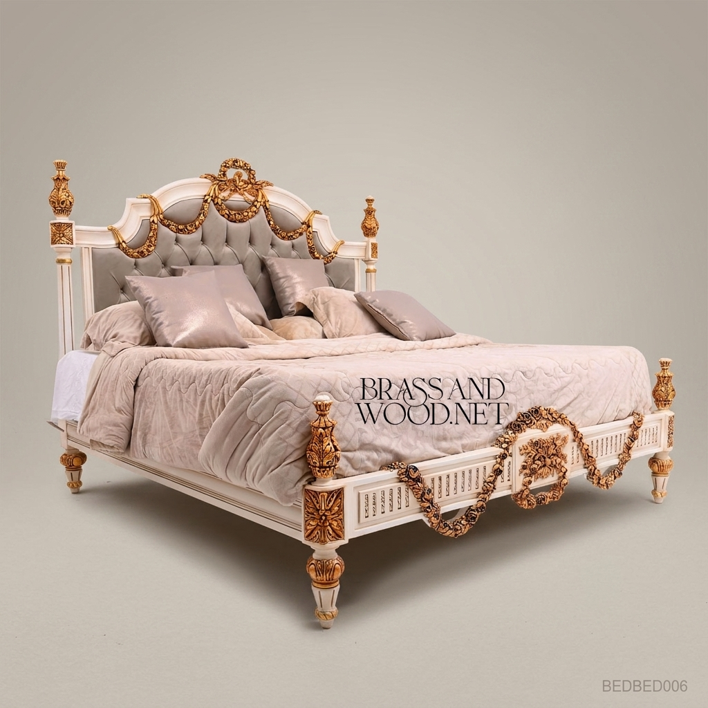 Louis XVI Neoclassical King Bed — Rose Garland Crest & Button-Tufted Velvet Headboard