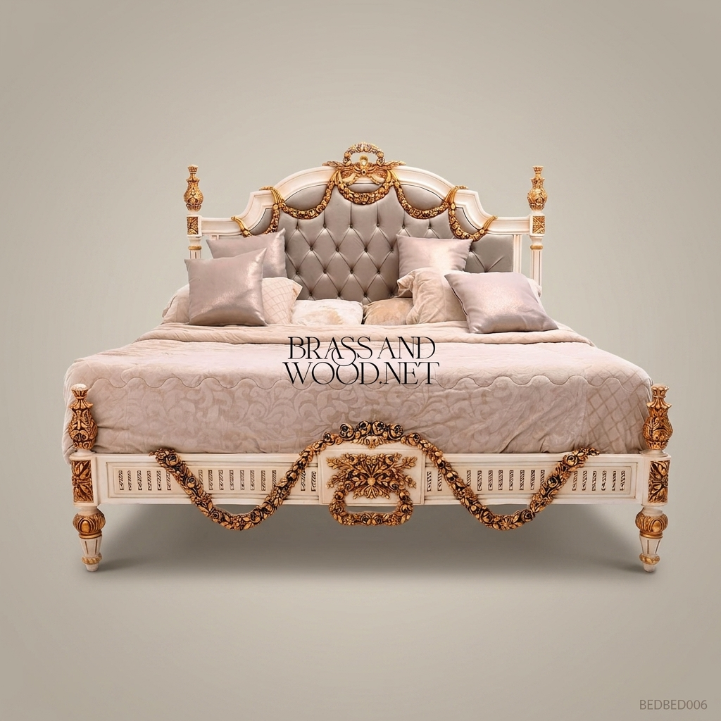 Louis XVI Neoclassical King Bed — Rose Garland Crest & Button-Tufted Velvet Headboard