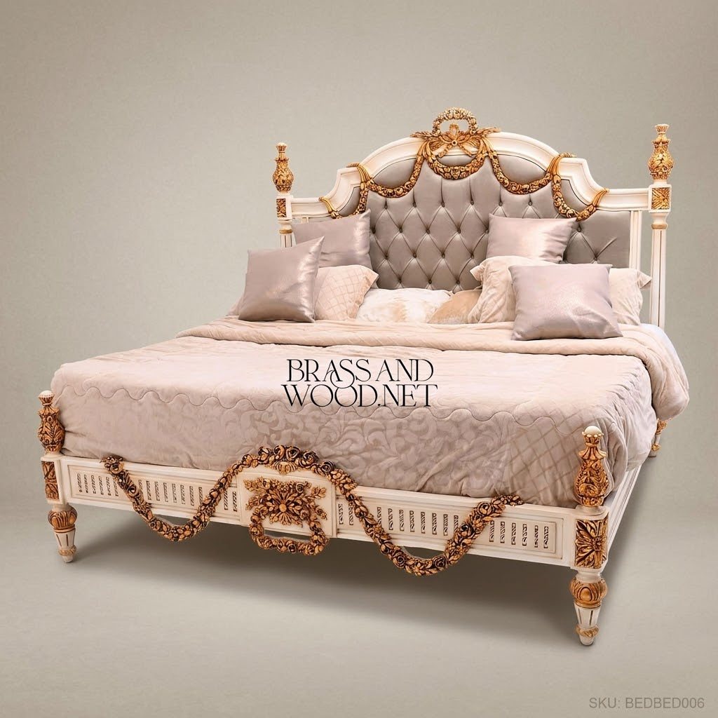 Louis XVI Neoclassical King Bed — Rose Garland Crest & Button-Tufted Velvet Headboard