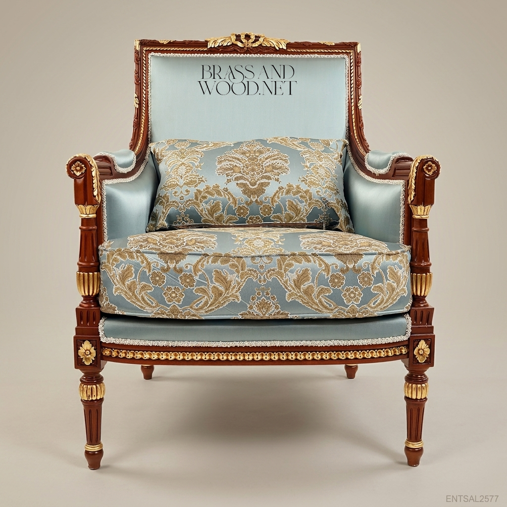 Louis XVI Neoclassical Mahogany Bergère Armchair Gilt Acanthus Crest Light Blue Gold Damask Fluted Legs Main View | Brass & Wood