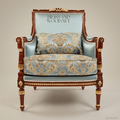 Louis XVI Neoclassical Mahogany Bergère Armchair Gilt Acanthus Crest Light Blue Gold Damask Fluted Legs Main View | Brass & Wood
