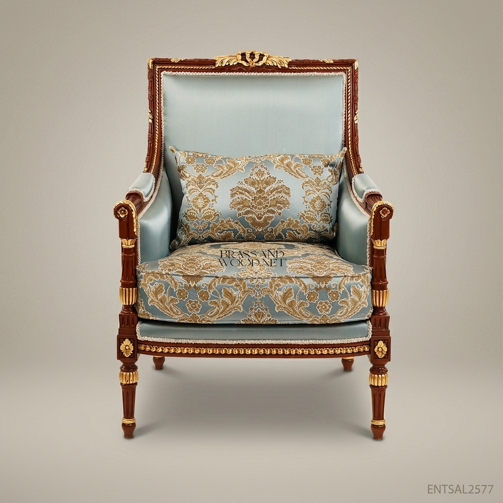 Louis XVI Neoclassical Mahogany Bergère Armchair Gilt Acanthus Crest Light Blue Gold Damask Fluted Legs View 2 | Brass & Wood