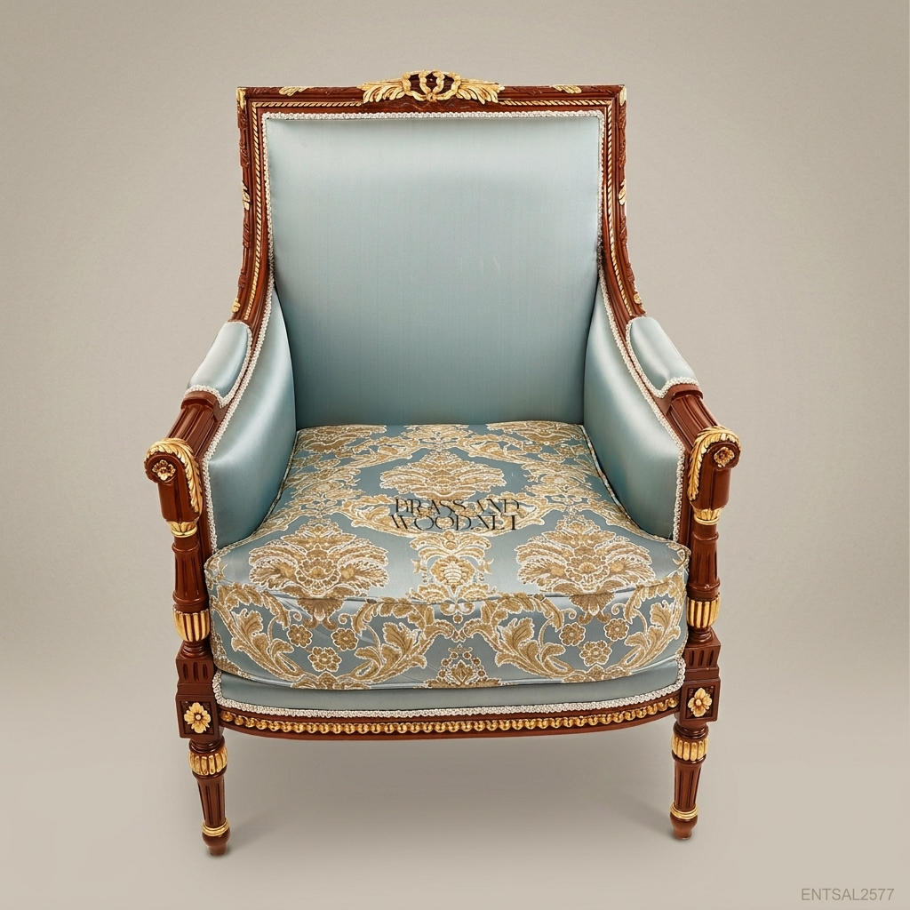 Louis XVI Neoclassical Mahogany Bergère Armchair Gilt Acanthus Crest Light Blue Gold Damask Fluted Legs View 3 | Brass & Wood