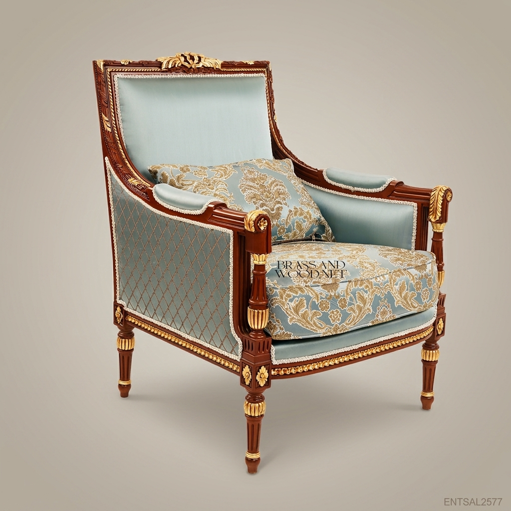 Louis XVI Neoclassical Mahogany Bergère Armchair Gilt Acanthus Crest Light Blue Gold Damask Fluted Legs View 4 | Brass & Wood