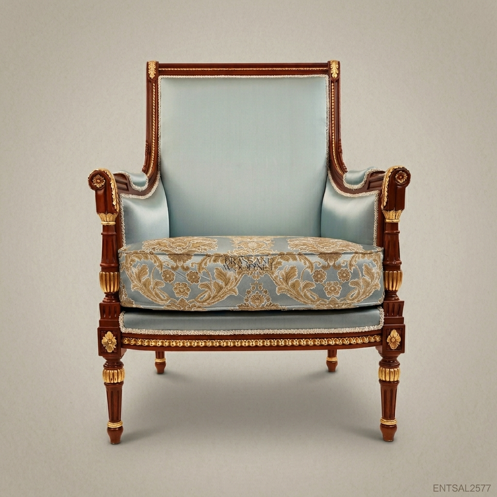 Louis XVI Neoclassical Mahogany Bergère Armchair Gilt Acanthus Crest Light Blue Gold Damask Fluted Legs View 5 | Brass & Wood