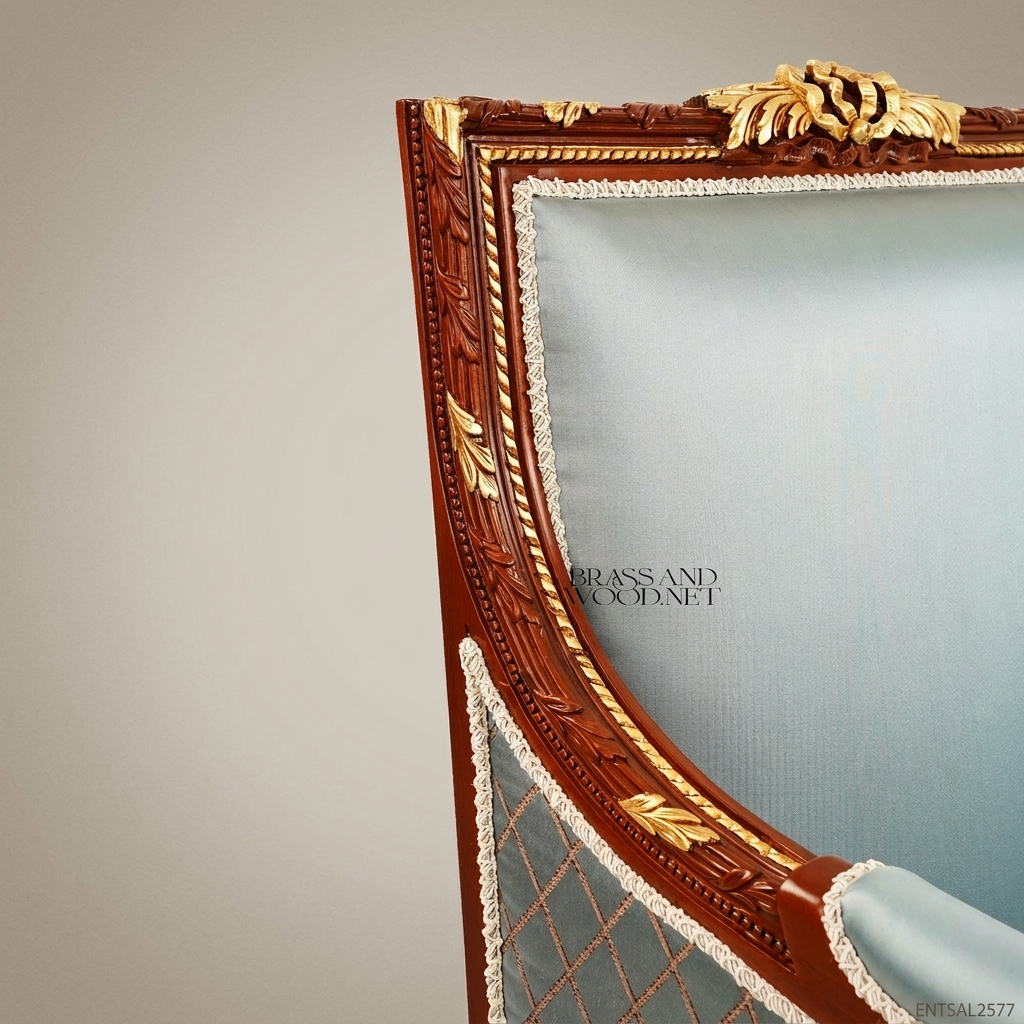 Louis XVI Neoclassical Mahogany Bergère Armchair Gilt Acanthus Crest Light Blue Gold Damask Fluted Legs View 6 | Brass & Wood