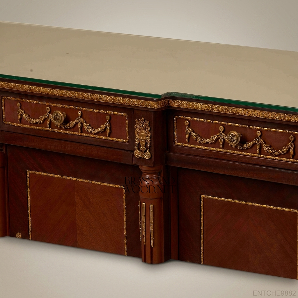 Louis XVI Neoclassical Mahogany Buffet with Gilt Bronze Ormolu & Glass Top