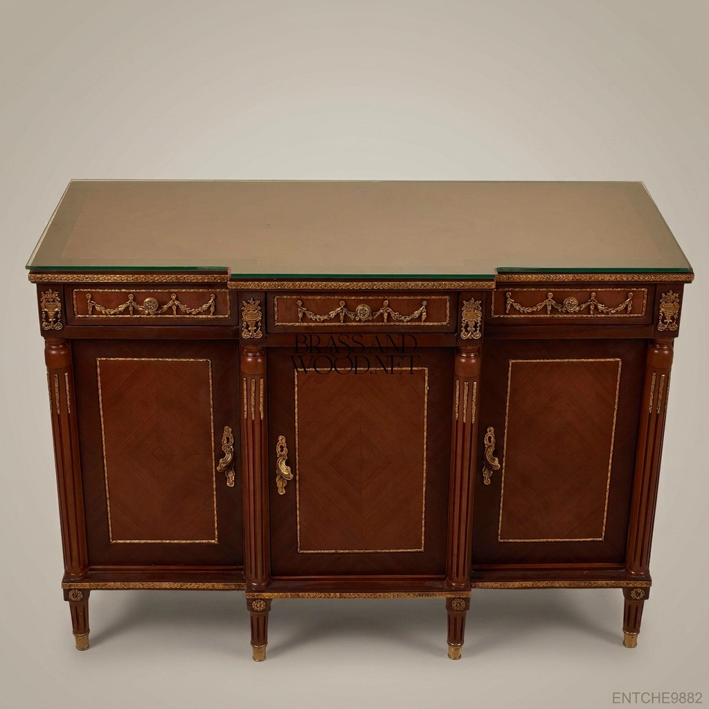 Louis XVI Neoclassical Mahogany Buffet with Gilt Bronze Ormolu & Glass Top
