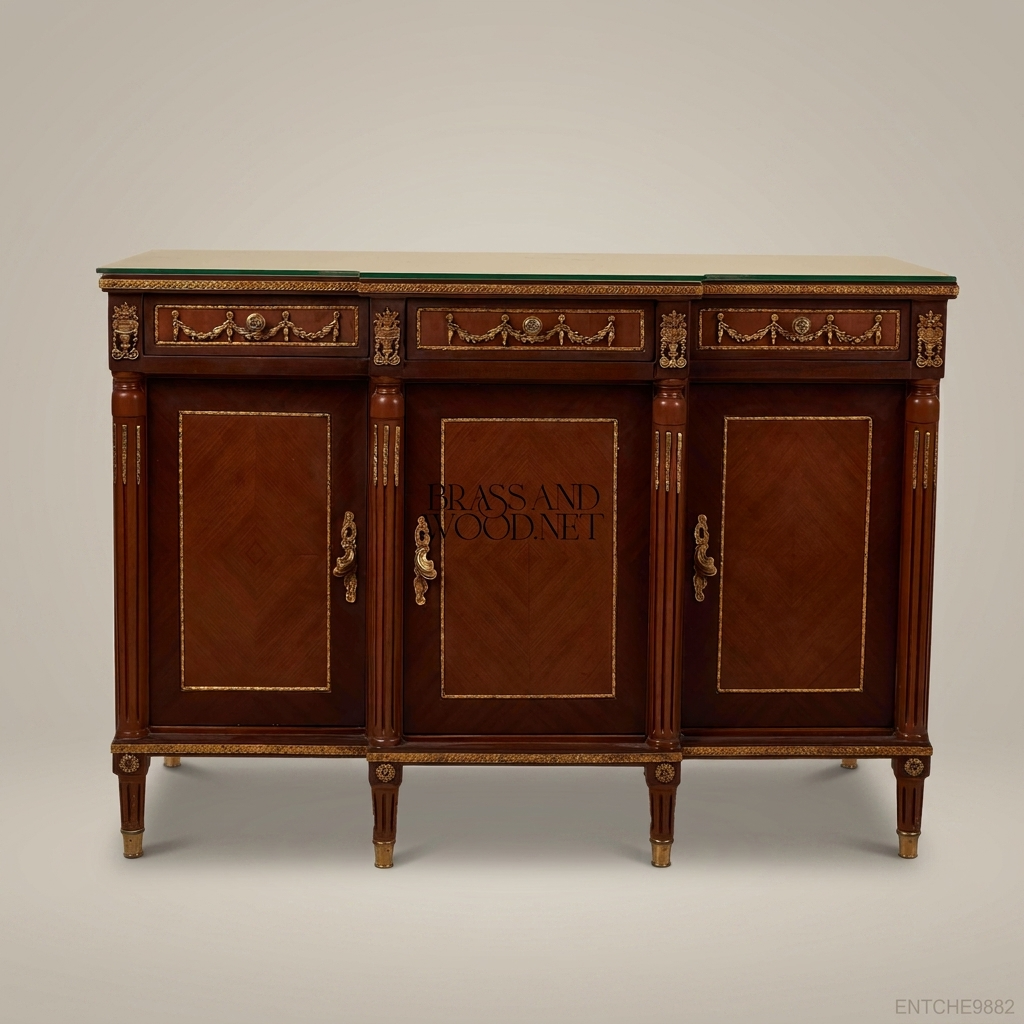 Louis XVI Neoclassical Mahogany Buffet with Gilt Bronze Ormolu & Glass Top