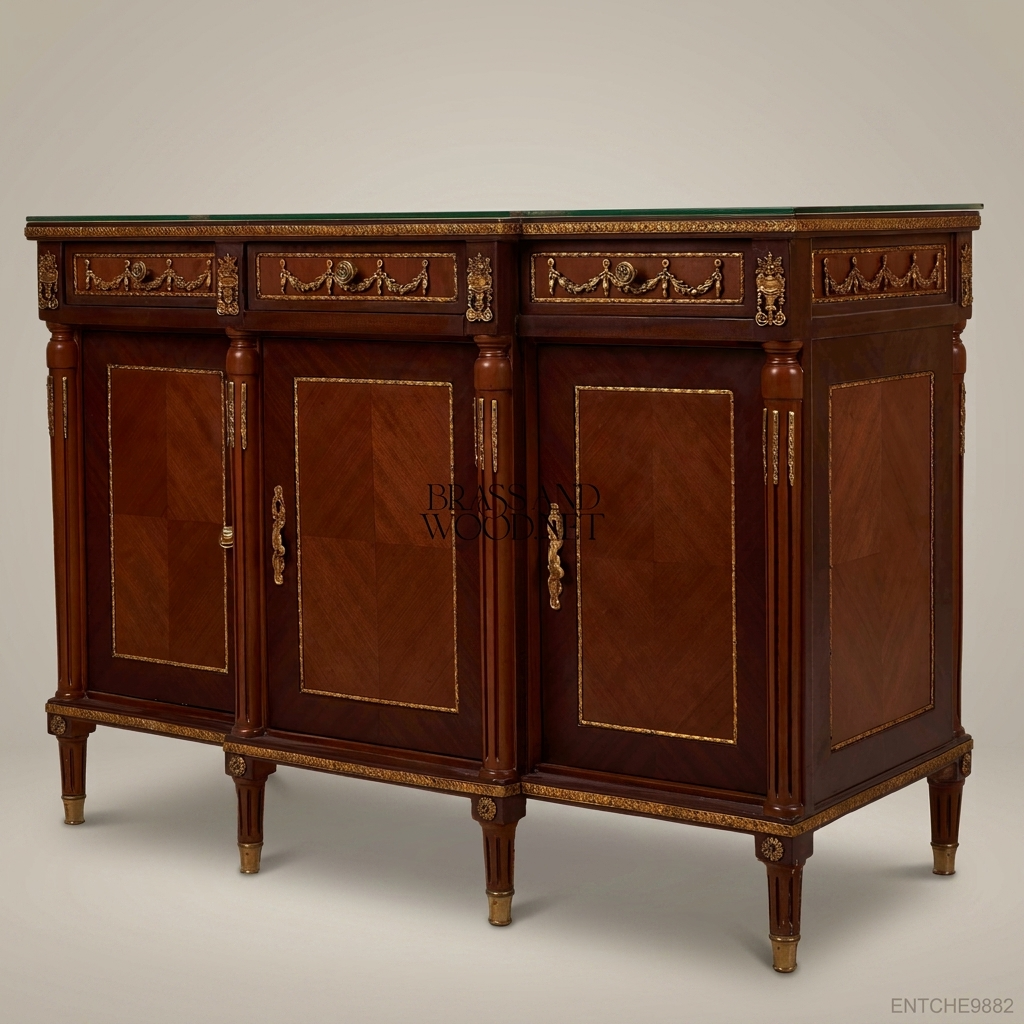 Louis XVI Neoclassical Mahogany Buffet with Gilt Bronze Ormolu & Glass Top