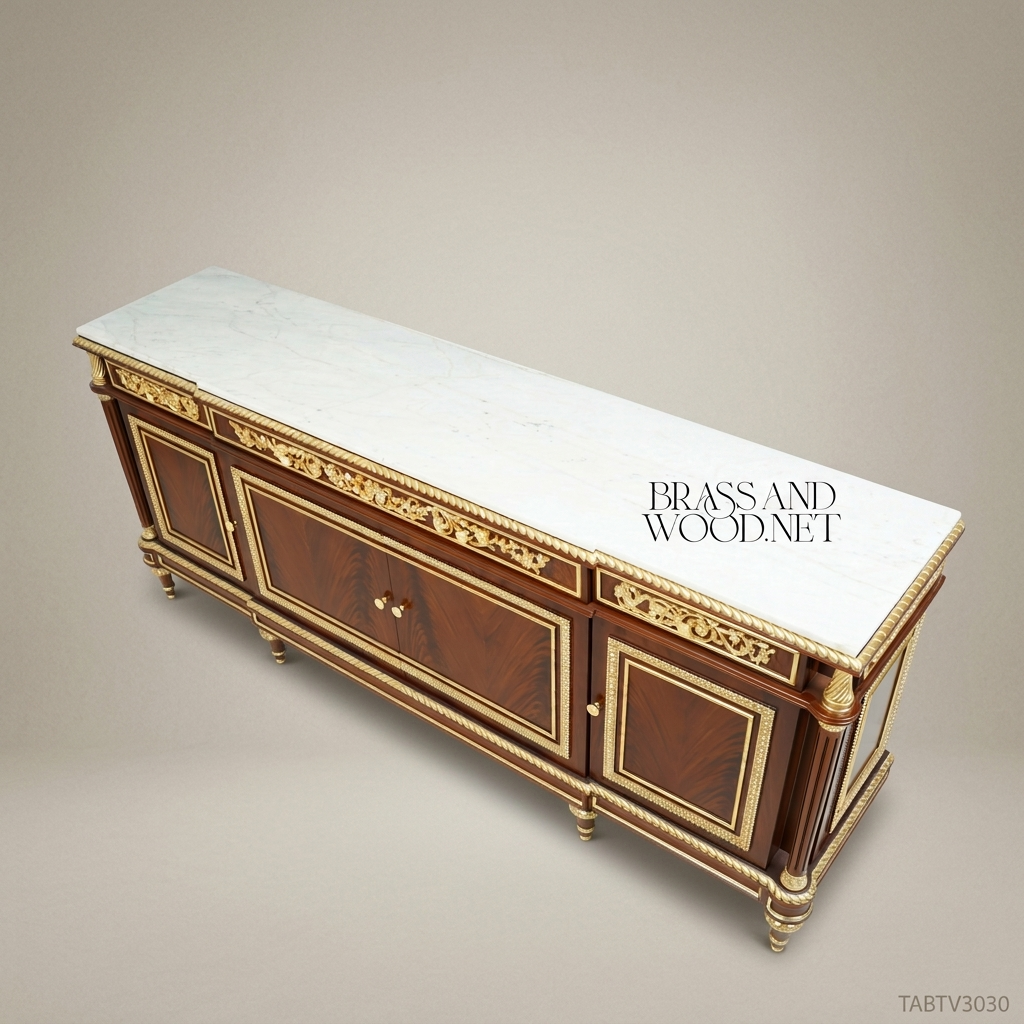 Louis XVI Neoclassical TV Cabinet with Marble Top & Gilt Brass Mounts