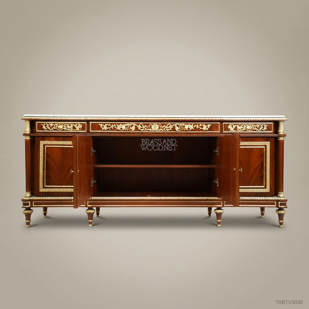 Louis XVI Neoclassical TV Cabinet with Marble Top & Gilt Brass Mounts