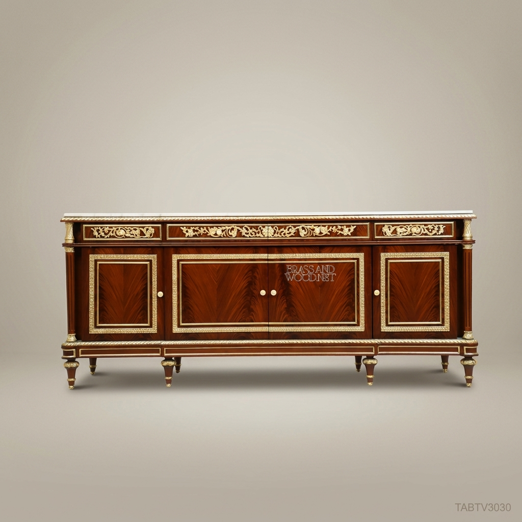 Louis XVI Neoclassical TV Cabinet with Marble Top & Gilt Brass Mounts