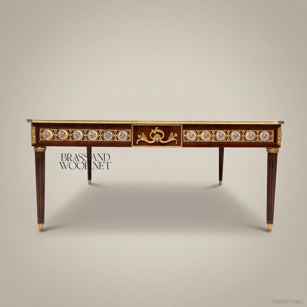 Louis XVI Neoclassical Marquetry Coffee Table with Gilt Bronze Medallions