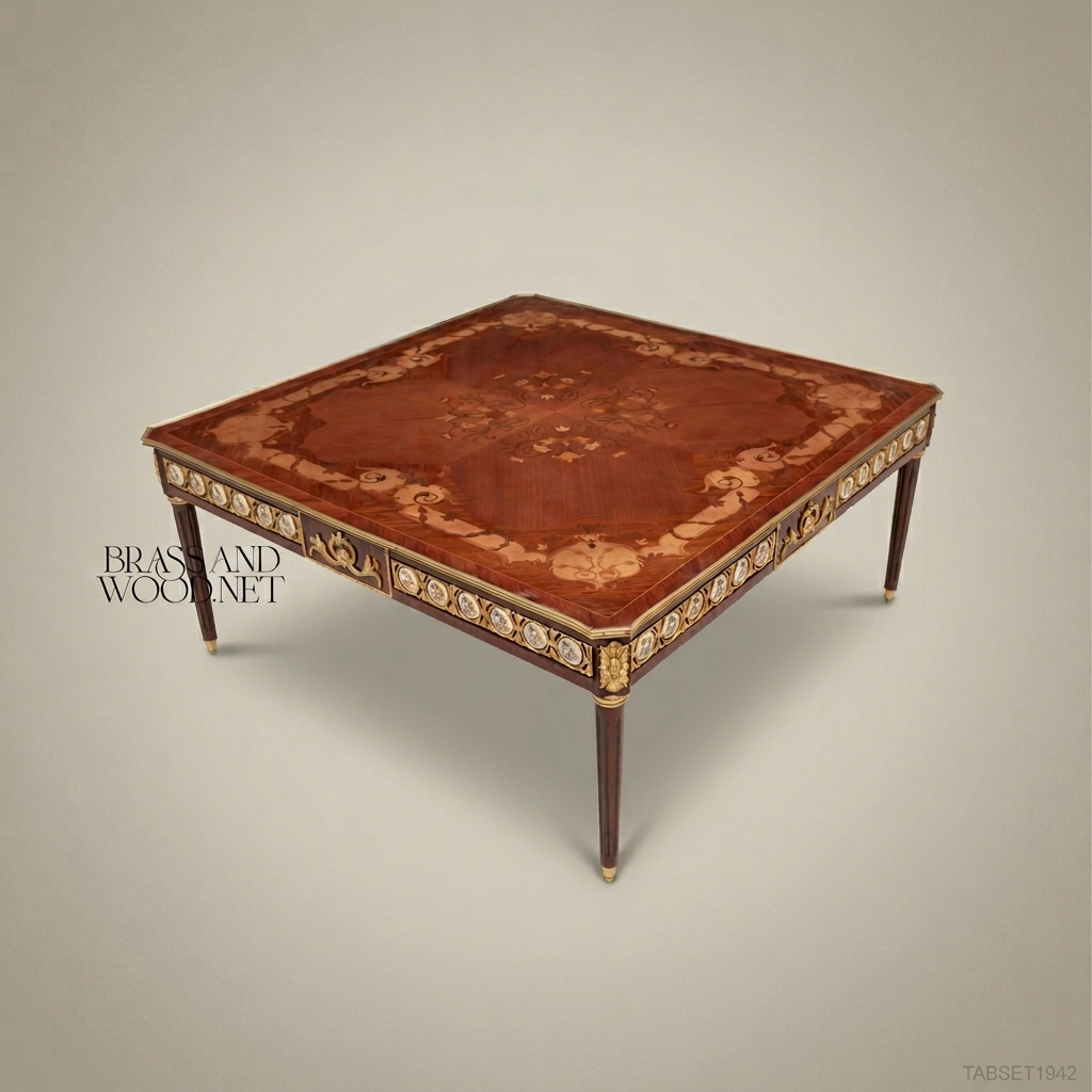Louis XVI Neoclassical Marquetry Coffee Table with Gilt Bronze Medallions