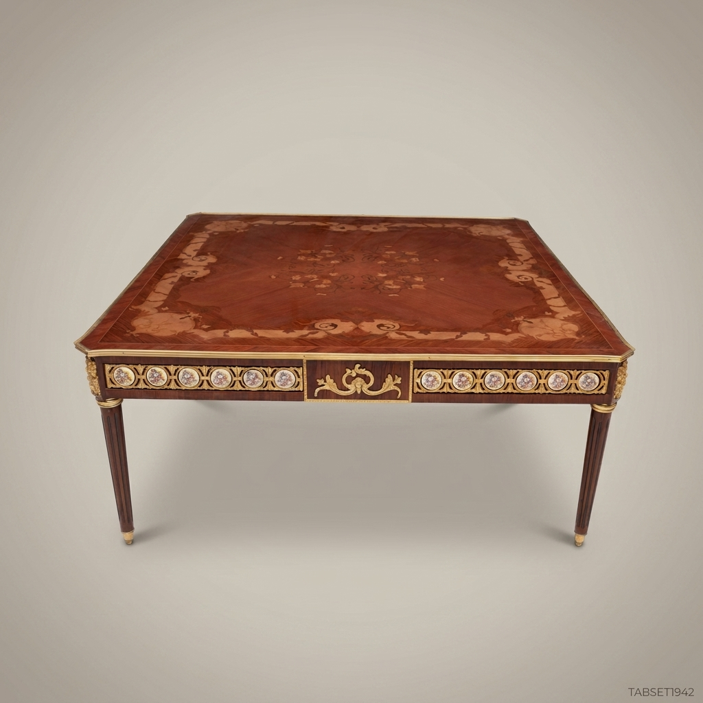 Louis XVI Neoclassical Marquetry Coffee Table with Gilt Bronze Medallions