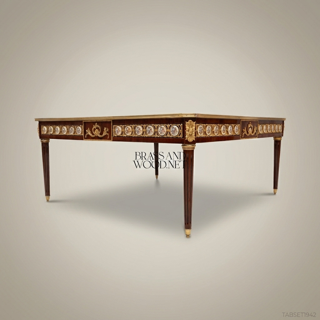 Louis XVI Neoclassical Marquetry Coffee Table with Gilt Bronze Medallions