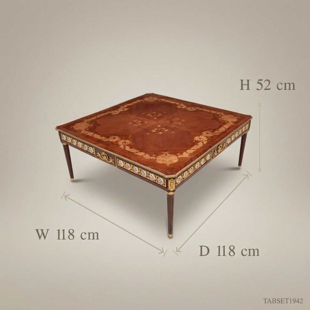 Louis XVI Neoclassical Marquetry Coffee Table with Gilt Bronze Medallions