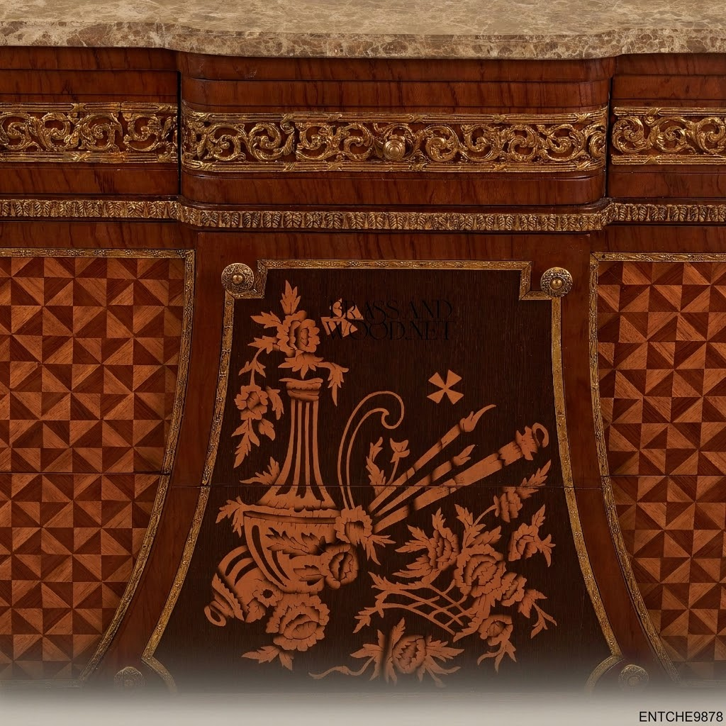 Louis XVI Neoclassical Marquetry Commode with Marble Top & Ormolu Mounts