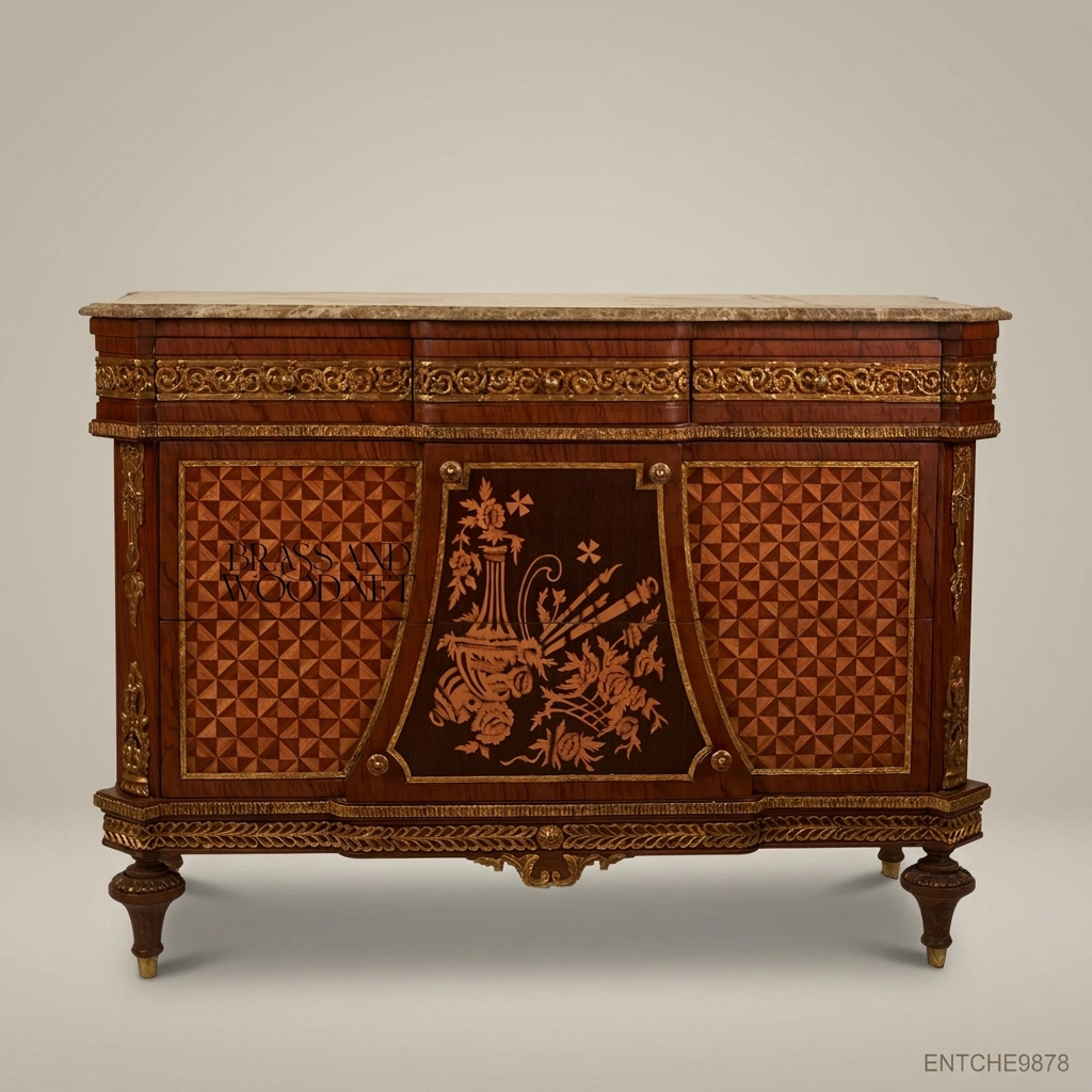 Louis XVI Neoclassical Marquetry Commode with Marble Top & Ormolu Mounts