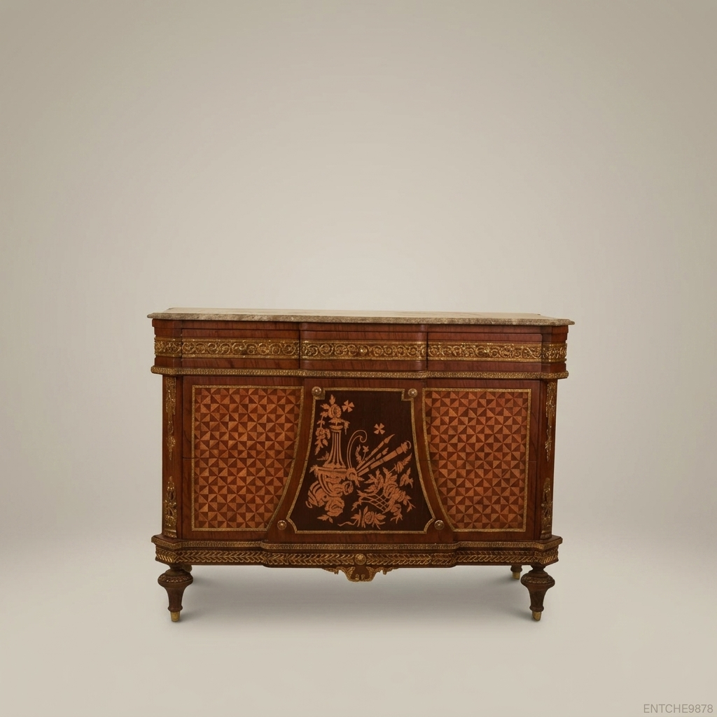 Louis XVI Neoclassical Marquetry Commode with Marble Top & Ormolu Mounts