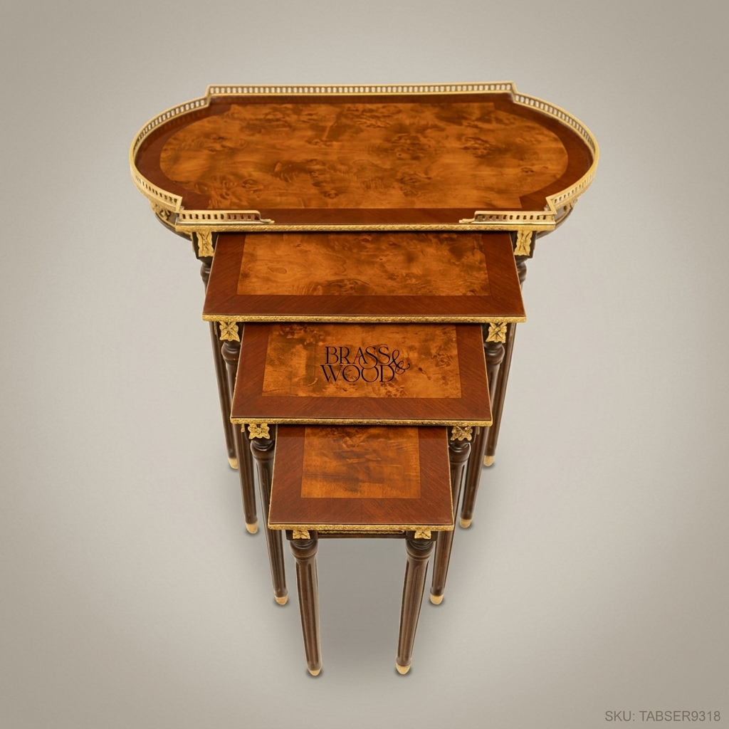 Louis XVI Neoclassical Nesting Service Tables – Burr Walnut & Gilt Brass