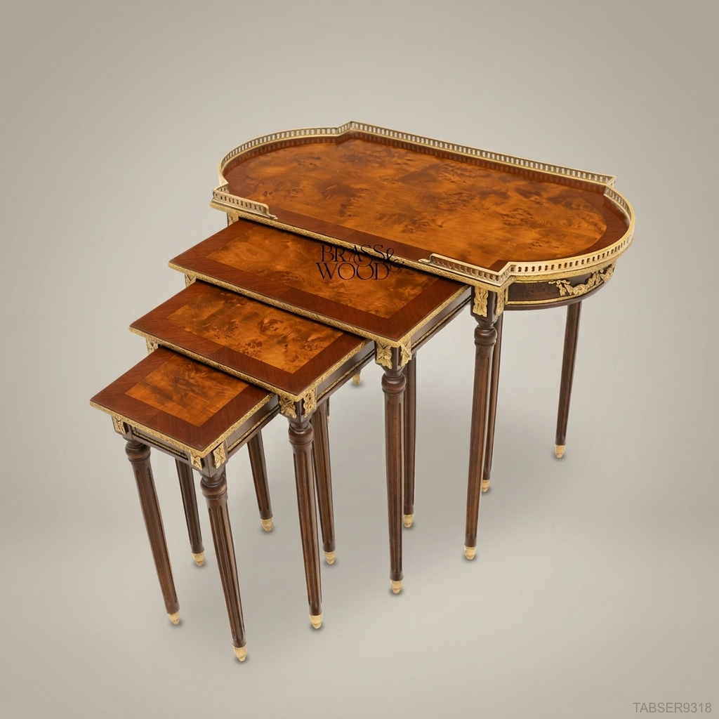 Louis XVI Neoclassical Nesting Service Tables – Burr Walnut & Gilt Brass