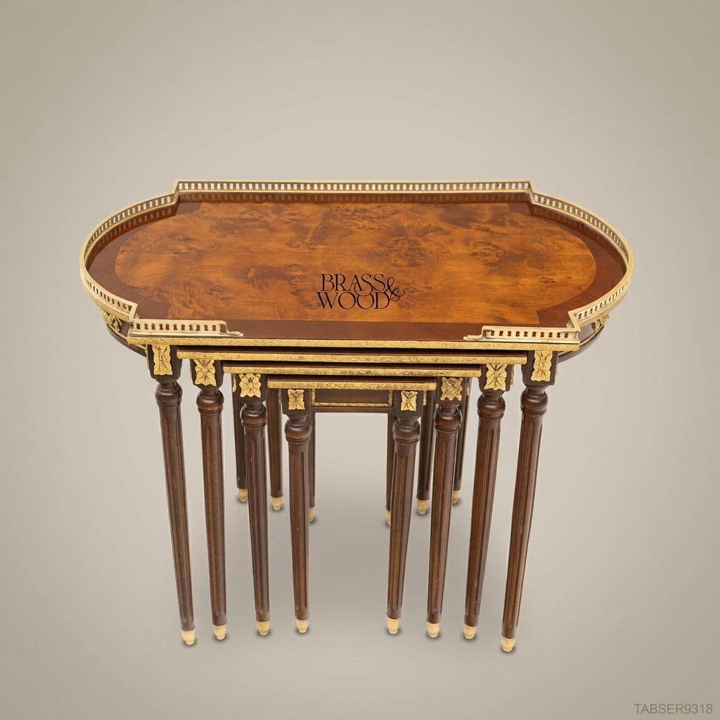 Louis XVI Neoclassical Nesting Service Tables – Burr Walnut & Gilt Brass
