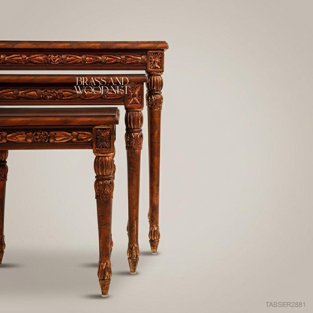 Louis XVI Neoclassical Nesting Tables Set – Hand-Carved Solid Wood with Marquetry