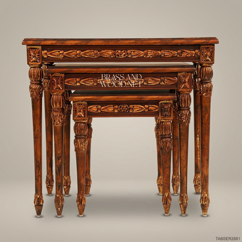 Louis XVI Neoclassical Nesting Tables Set – Hand-Carved Solid Wood with Marquetry