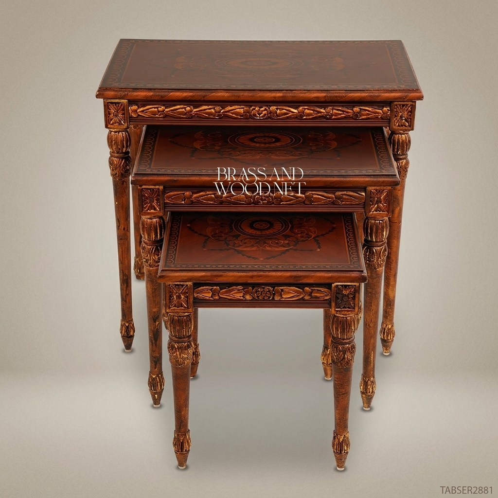 Louis XVI Neoclassical Nesting Tables Set – Hand-Carved Solid Wood with Marquetry