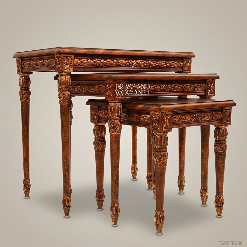Louis XVI Neoclassical Nesting Tables Set – Hand-Carved Solid Wood with Marquetry