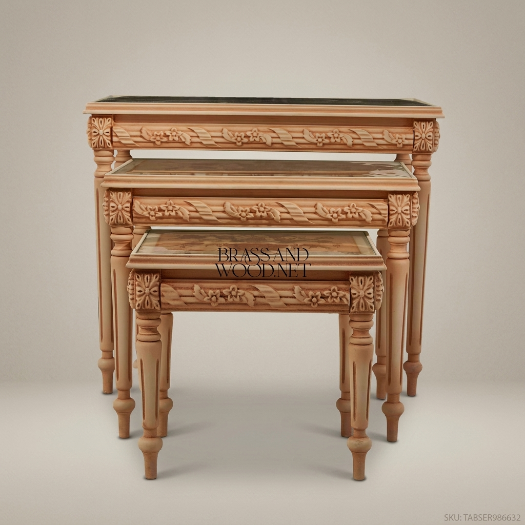 Louis XVI Neoclassical Nesting Tables Set of 3 | Hand-Carved Solid Wood with Floral Marquetry