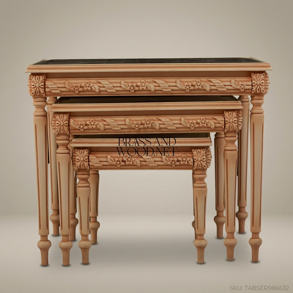 Louis XVI Neoclassical Nesting Tables Set of 3 | Hand-Carved Solid Wood with Floral Marquetry
