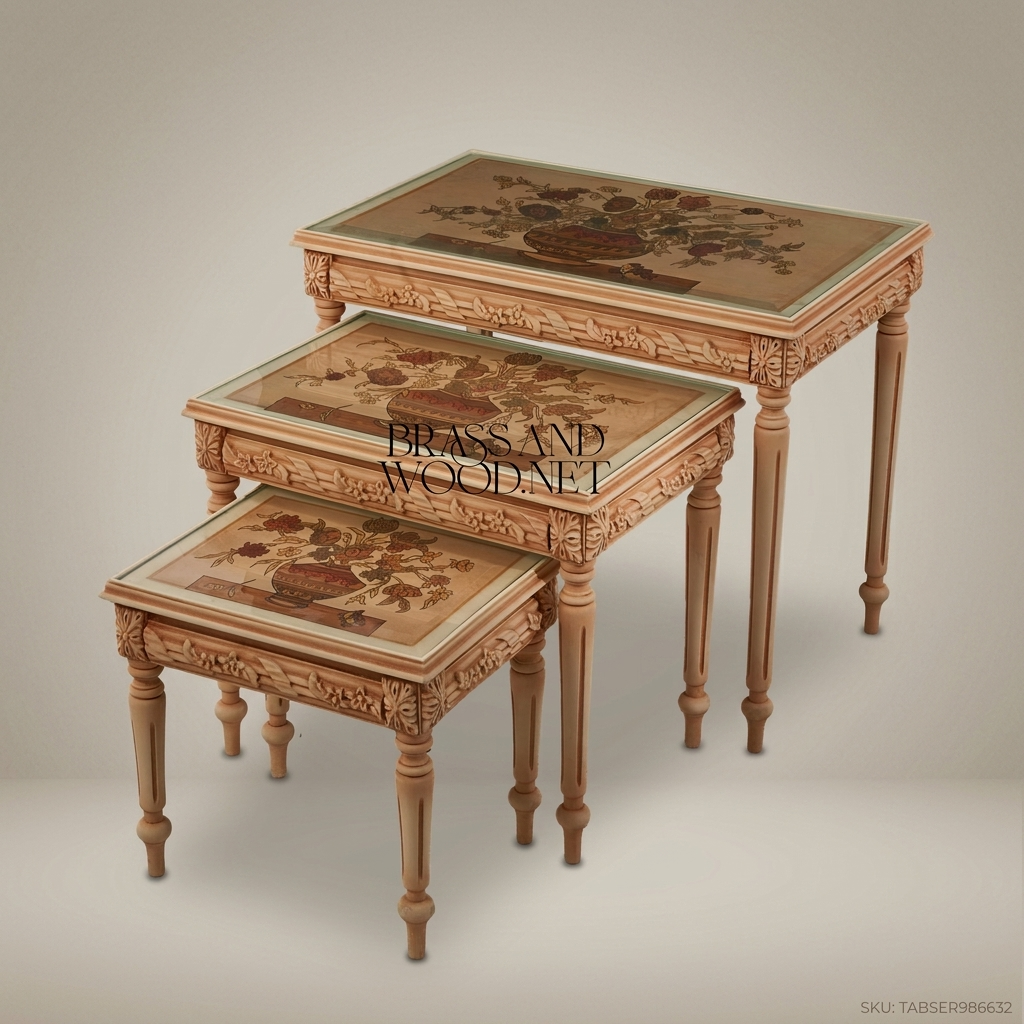 Louis XVI Neoclassical Nesting Tables Set of 3 | Hand-Carved Solid Wood with Floral Marquetry