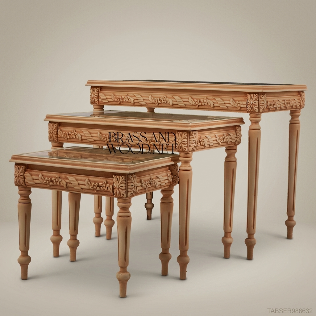 Louis XVI Neoclassical Nesting Tables Set of 3 | Hand-Carved Solid Wood with Floral Marquetry