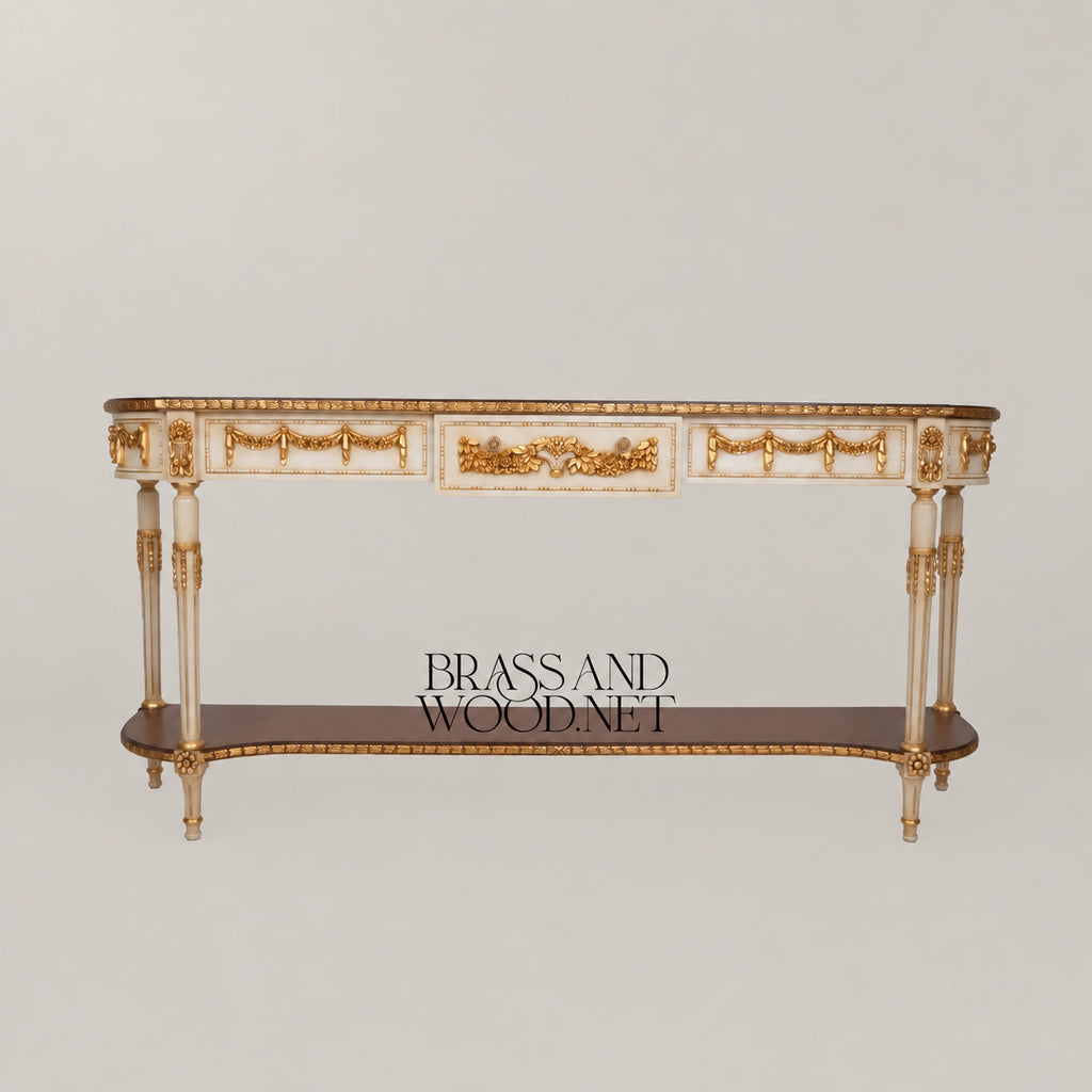Louis XVI Neoclassical Off-White Gilded Console Table with Garland Carvings Lower Shelf and Dark Wood Top Main View | Brass & Wood