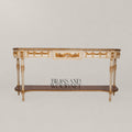 Louis XVI Neoclassical Off-White Gilded Console Table with Garland Carvings Lower Shelf and Dark Wood Top Main View | Brass & Wood
