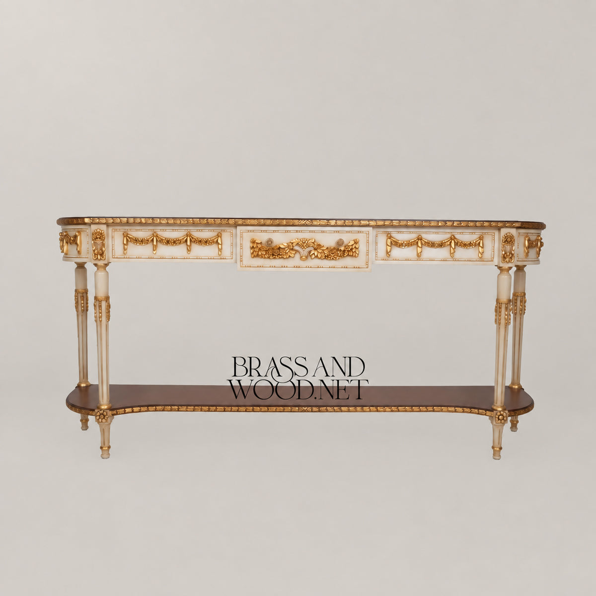Louis XVI Neoclassical Off-White Gilded Console Table with Garland Carvings Lower Shelf and Dark Wood Top Main View | Brass & Wood