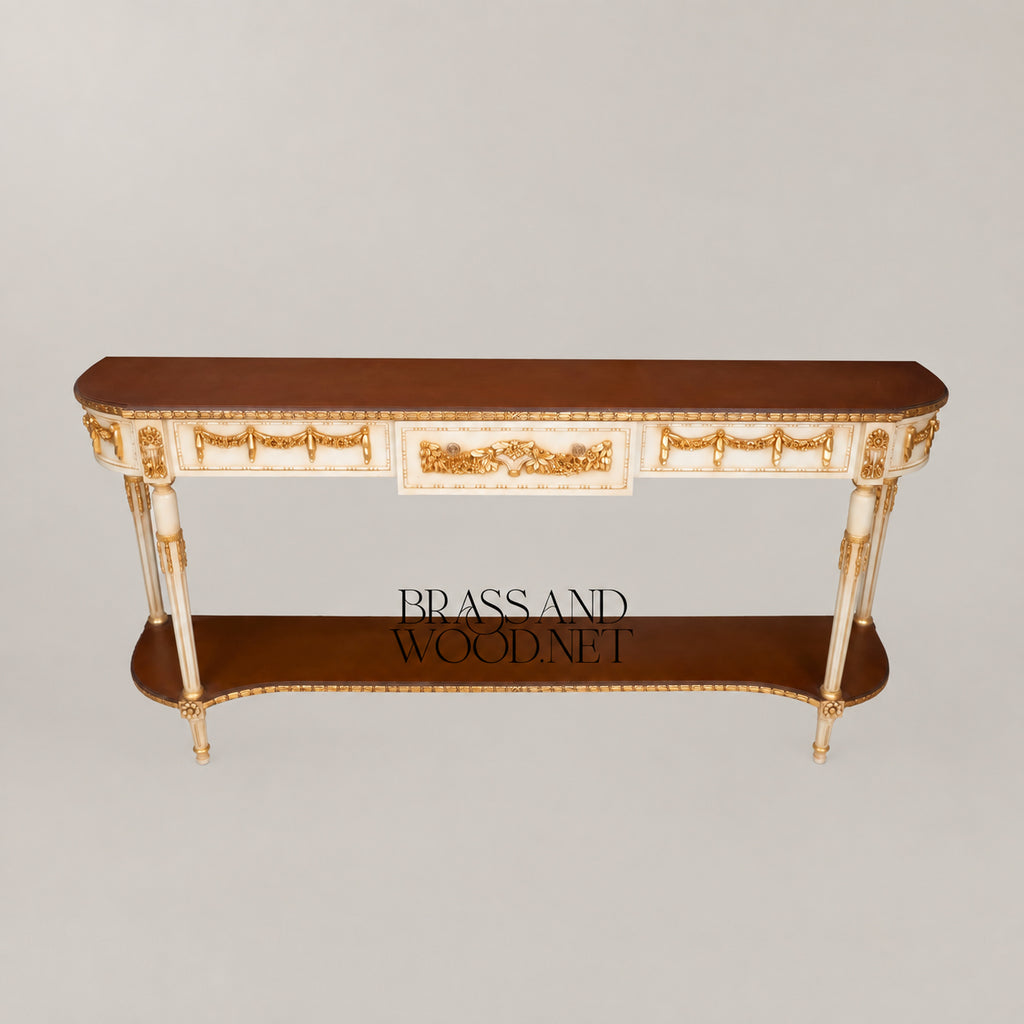Louis XVI Neoclassical Off-White Gilded Console Table with Garland Carvings Lower Shelf and Dark Wood Top View 2 | Brass & Wood