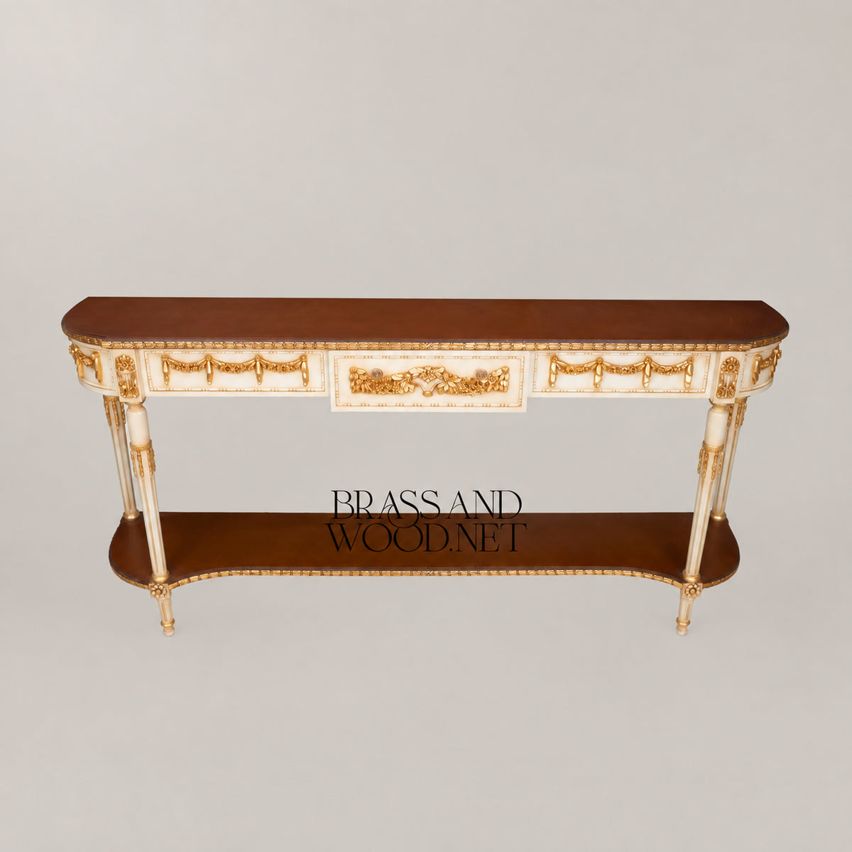 Louis XVI Neoclassical Off-White Gilded Console Table with Garland Carvings Lower Shelf and Dark Wood Top View 2 | Brass & Wood