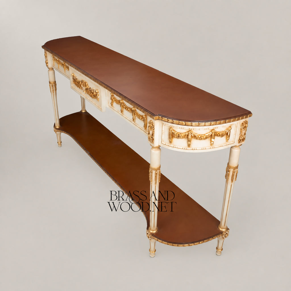 Louis XVI Neoclassical Off-White Gilded Console Table with Garland Carvings Lower Shelf and Dark Wood Top View 3 | Brass & Wood