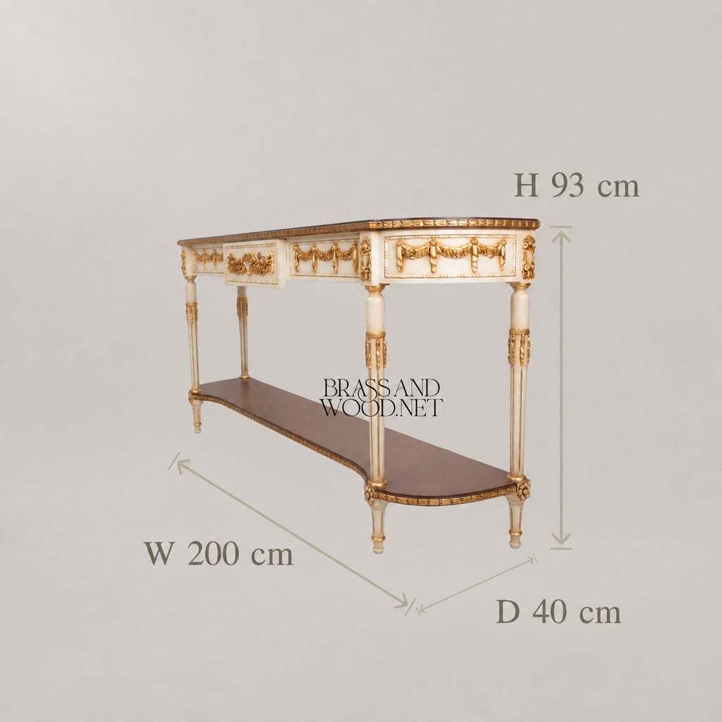 Louis XVI Neoclassical Off-White Gilded Console Table with Garland Carvings Lower Shelf and Dark Wood Top View 4 | Brass & Wood